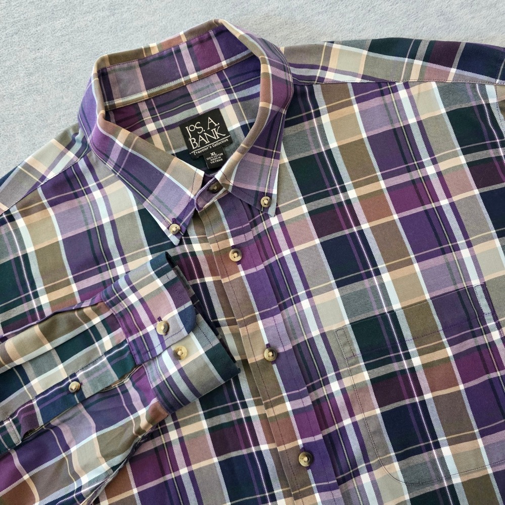 Jos. A. Bank Travelers Collection XL Purple Plaid Cotton Button Down Shirt Mens